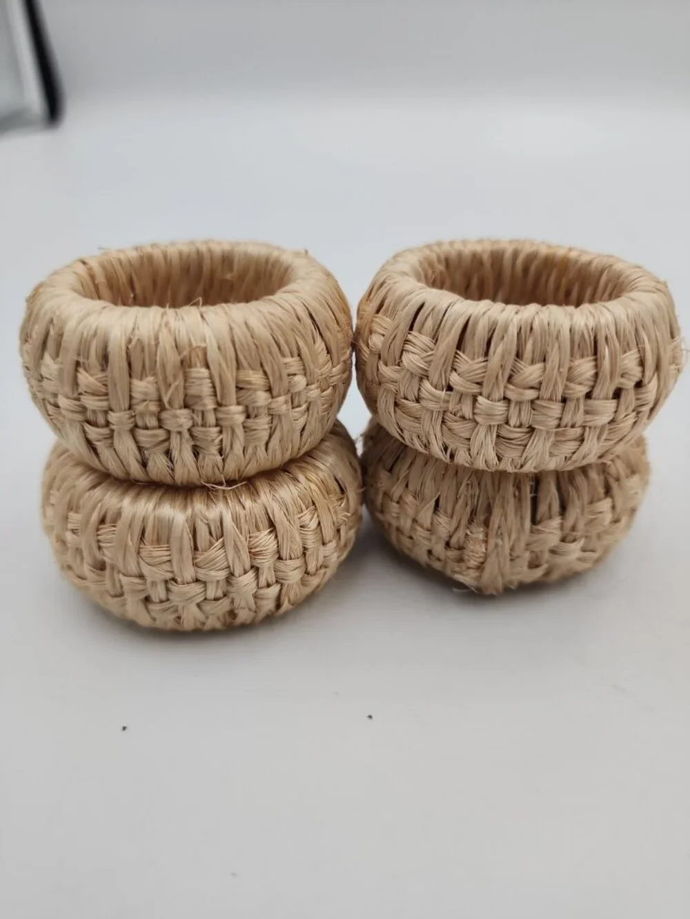 Twine wrapped Napkin Rings Set of 4 Basket Weave MCM Boho Holiday Table Decor